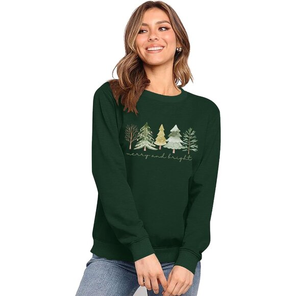 Christmas Sweater Women Cotton Blend Long Sleeve Xmas Tree Graphic - Picture 2 of 6